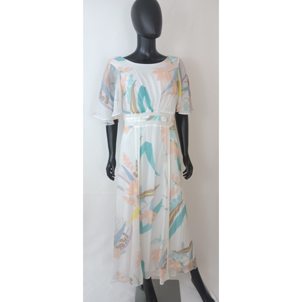 Calvin Klein Women Floral Chiffon Sheath Dress White Pastel Flutter Sleeve 6 NEW